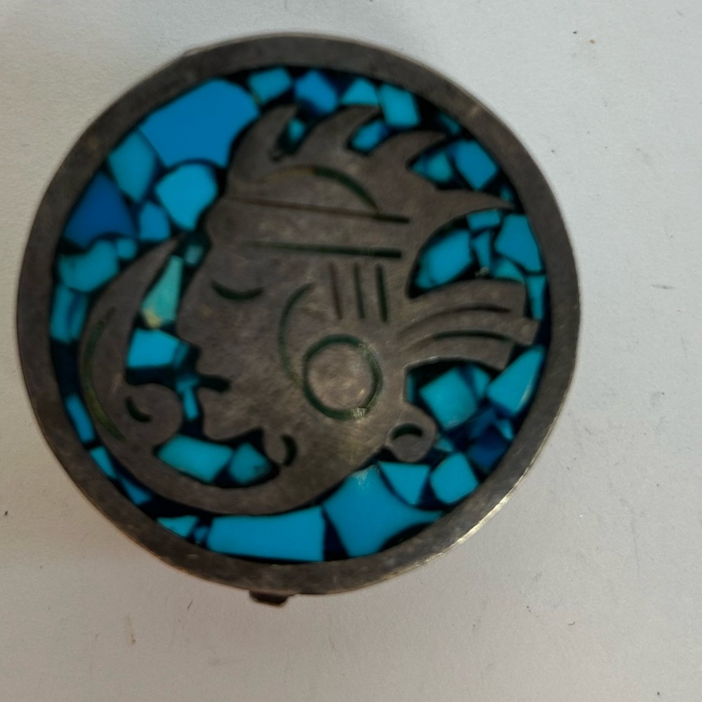 Vintage Sterling Silver Mexico Taxco trinket box crush turquoise inlay 34 grams - Picture 3 of 7